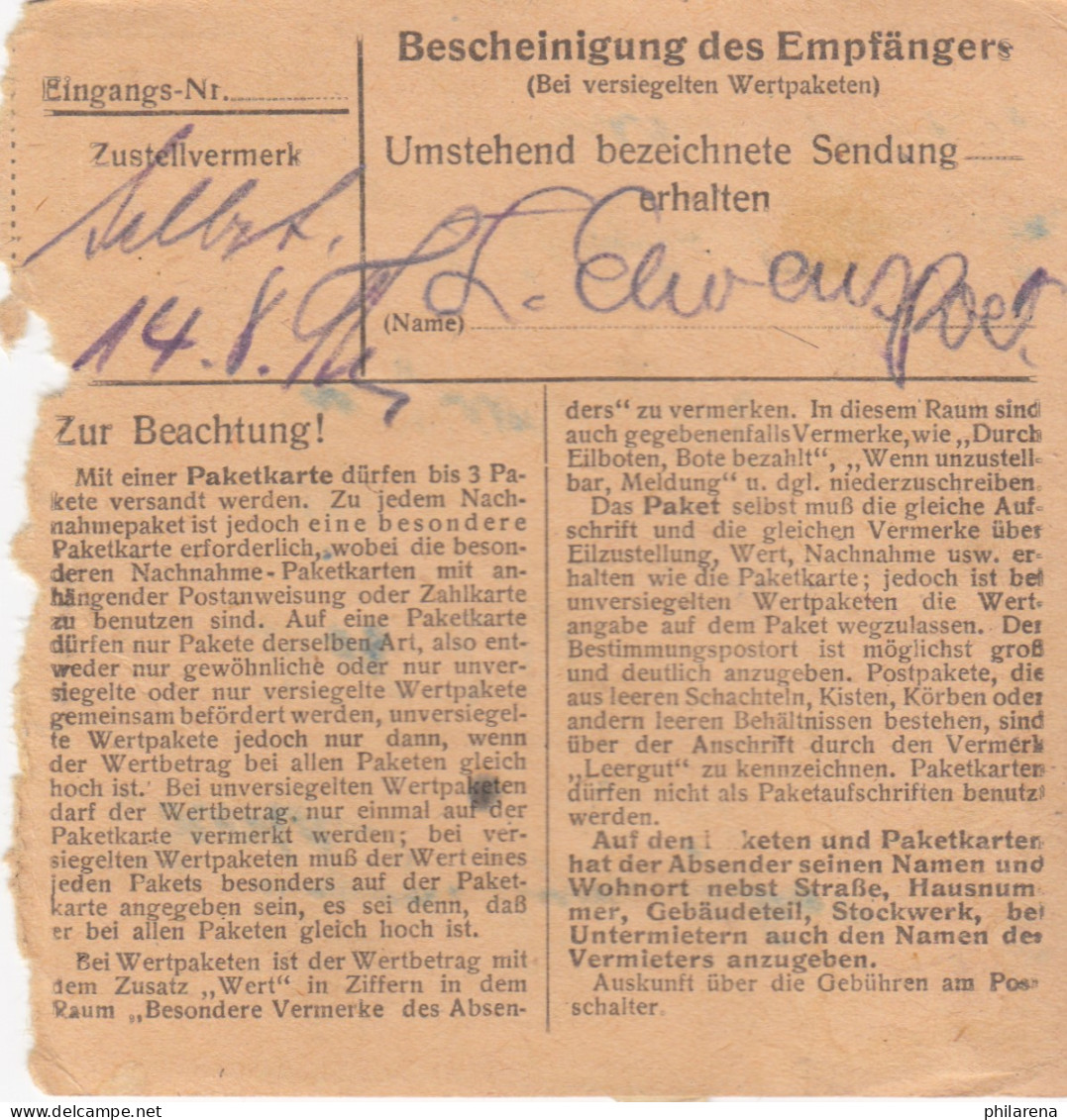 BiZone Paketkarte 1948: Oberstdorf Nach Ottobrunn, Wertkarte - Cartas & Documentos