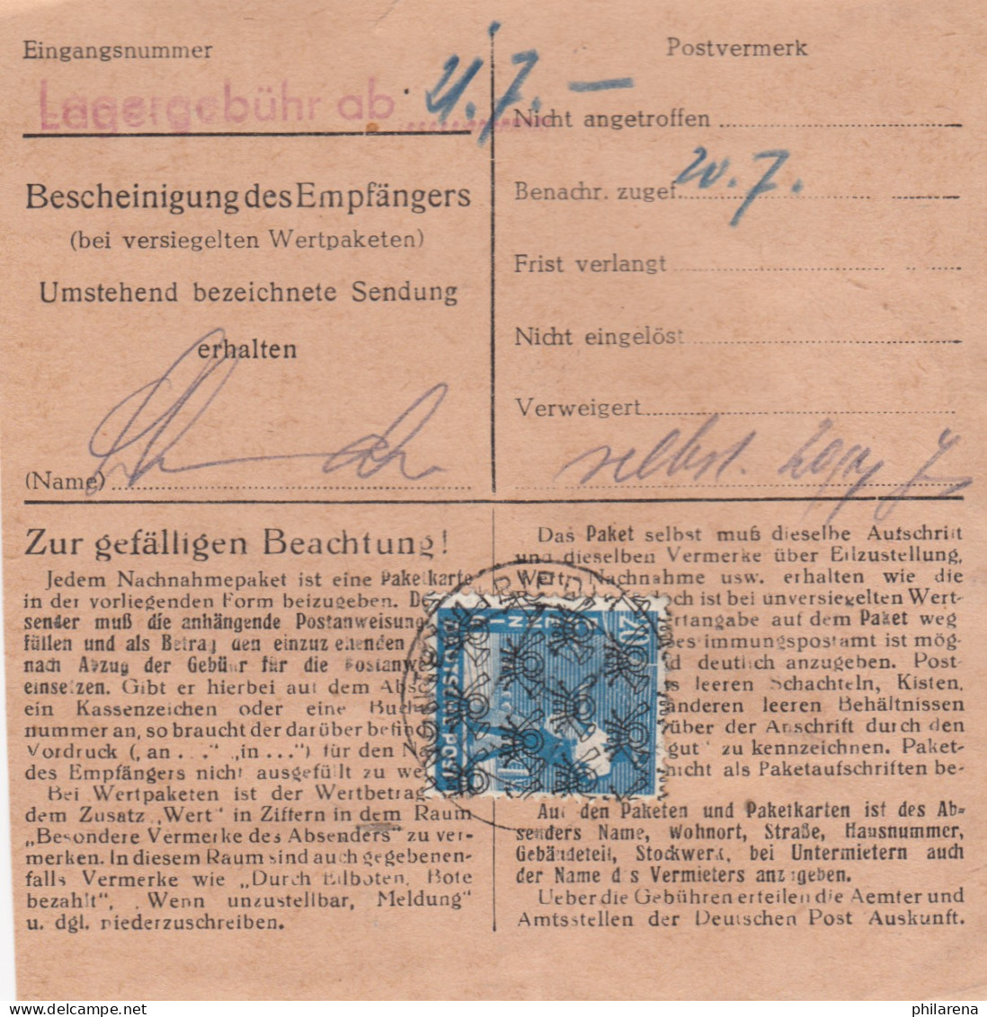 BiZone Paketkarte: Pfronten/Weißbach, Tauschzentrale Nach Oberammergau Nachnahme - Briefe U. Dokumente