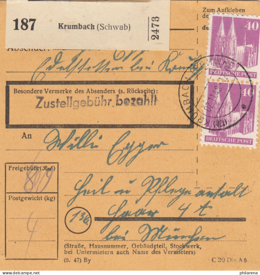 BiZone Paketkarte 1948: Krumbach Nach Heil- Und Pflegeanstalt Haar - Brieven En Documenten