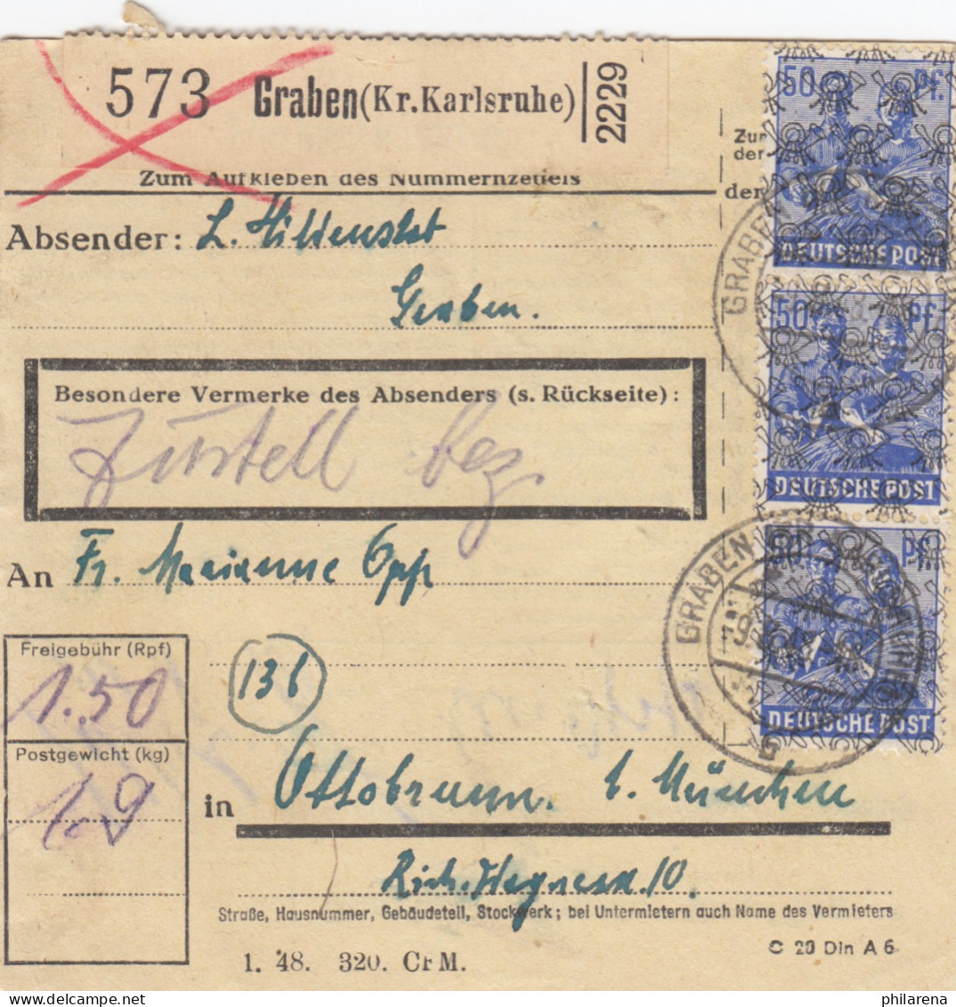 BiZone Paketkarte 1948: Graben Kr. Karlsruhe Nach Ottobrunn - Covers & Documents