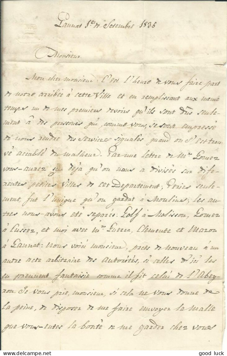 FRANCE LETTRE GANNAT ( ALLIER )  POUR RODEZ ( AVEYRON )  DE 1835  LETTRE COVER - 1801-1848: Précurseurs XIX