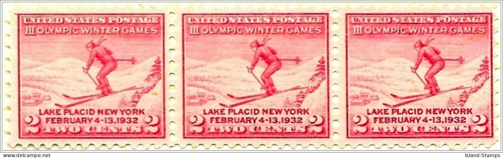 USA # 716 - 1932 2c Third Olympic Winter Games Mounted Mint Strip Of 3 + Single Used - Nuovi