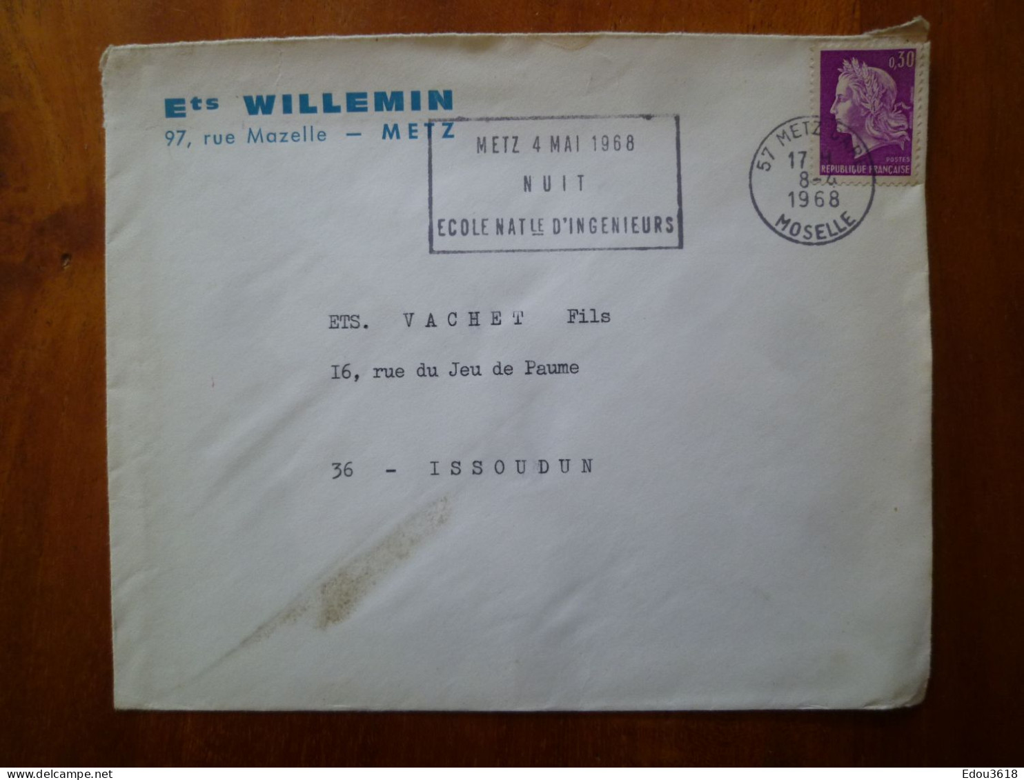 Enveloppe Ets Willemin Metz 57 Moselle Flamme Nuit école Nationale D'ingénieurs 1968 G - 1961-....