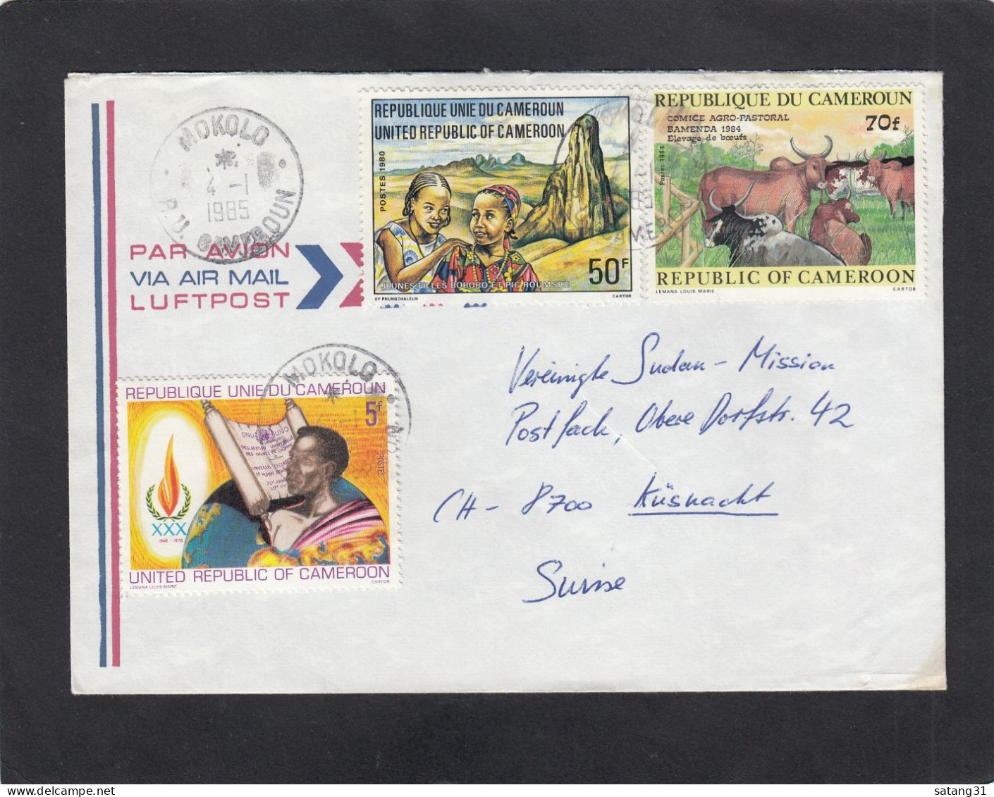 LETTRE DE MOKOLO, AVEC TIMBRES " DROITS DE L'HOMME/JEUNES FILLES/BOEUFS", POUR LA SUISSE,1985. - Cameroon (1960-...)