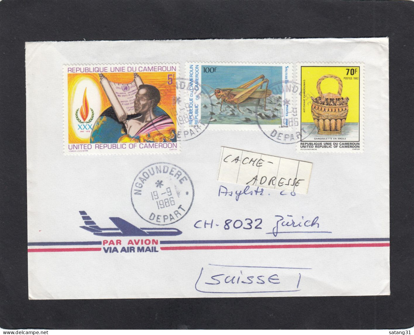 LETTRE DE NGAOUNDERE, AVEC TIMBRES " DROITS DE L'HOMME/SAUTERELLE/GARGOULETTE ", POUR LA SUISSE,1986. - Cameroun (1960-...)