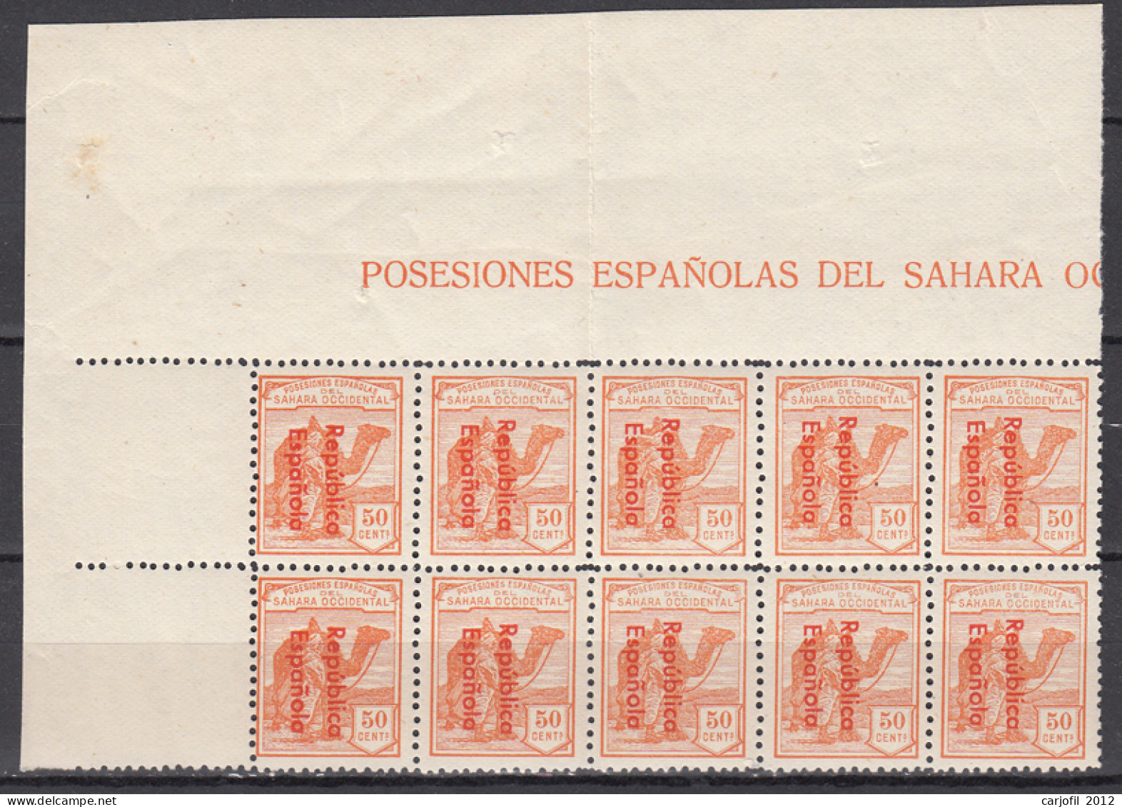 Sahara Variedades 1932 Edifil 43Ahcc ** Mnh Bonito Bloque De 10 Sellos Con Cabec - Spanish Sahara