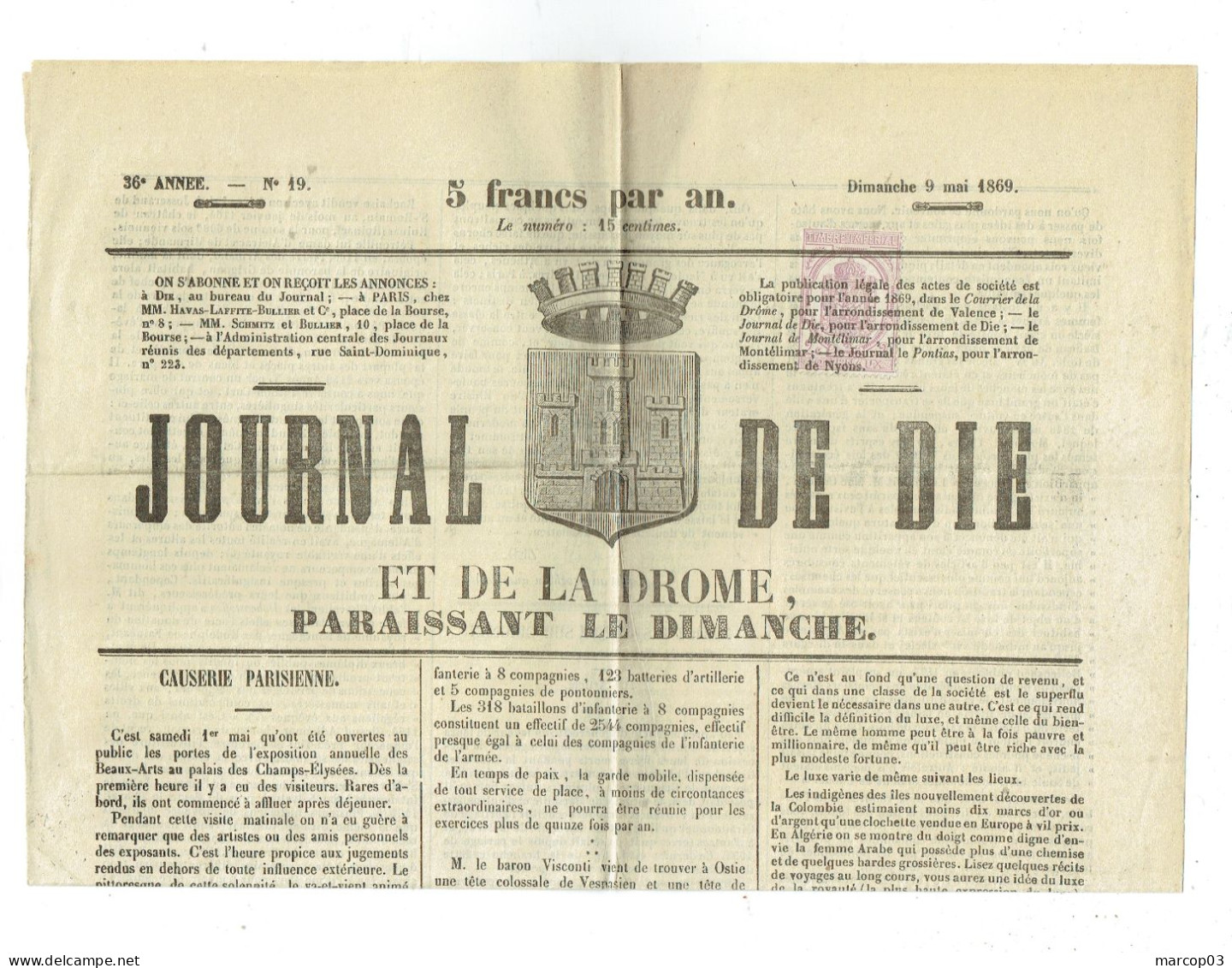 26 DROME Journal De Die Du 09/05/1869 Timbre De 2 C Violet Dentelé Journal Obl Typo Journal Complet SUP - Zeitungsmarken (Streifbänder)