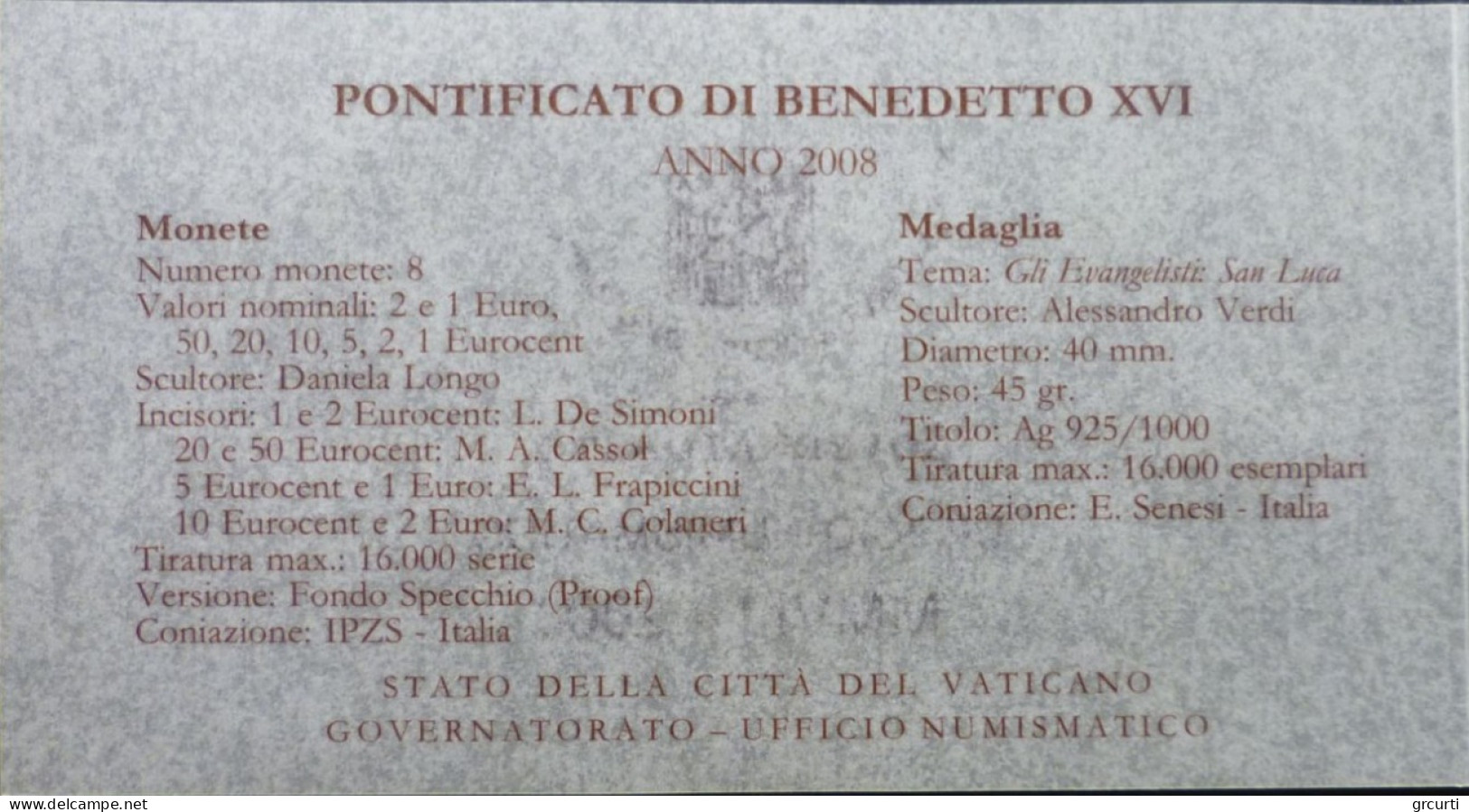 Vaticano - 2008 - Benedetto XVI - Serie Zecca 8 Valori Fondo Specchio - Con Medaglia In Argento - Vatikan