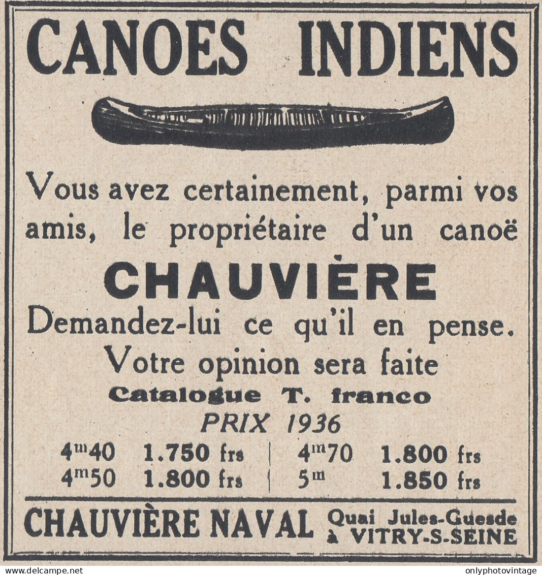 Canoes Indiens Chauvi�re Naval - 1936 Vintage Advertising - Pubblicit� - Werbung