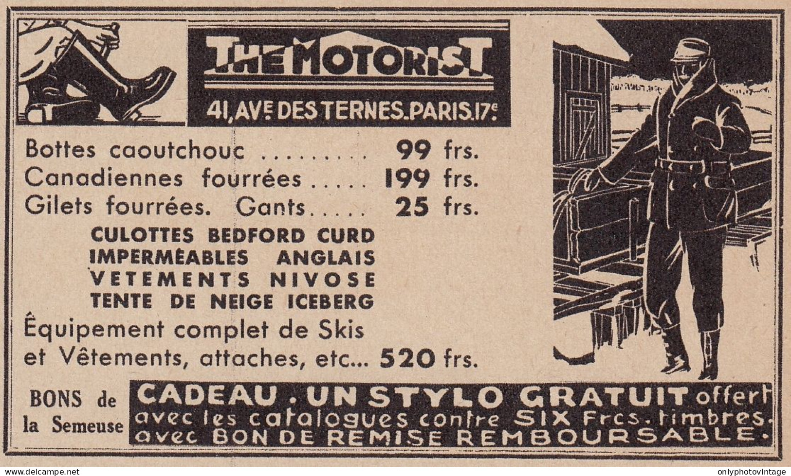 THE MOTORIST �quipements Complet De Skis - 1938 Vintage Advertising - Publicidad