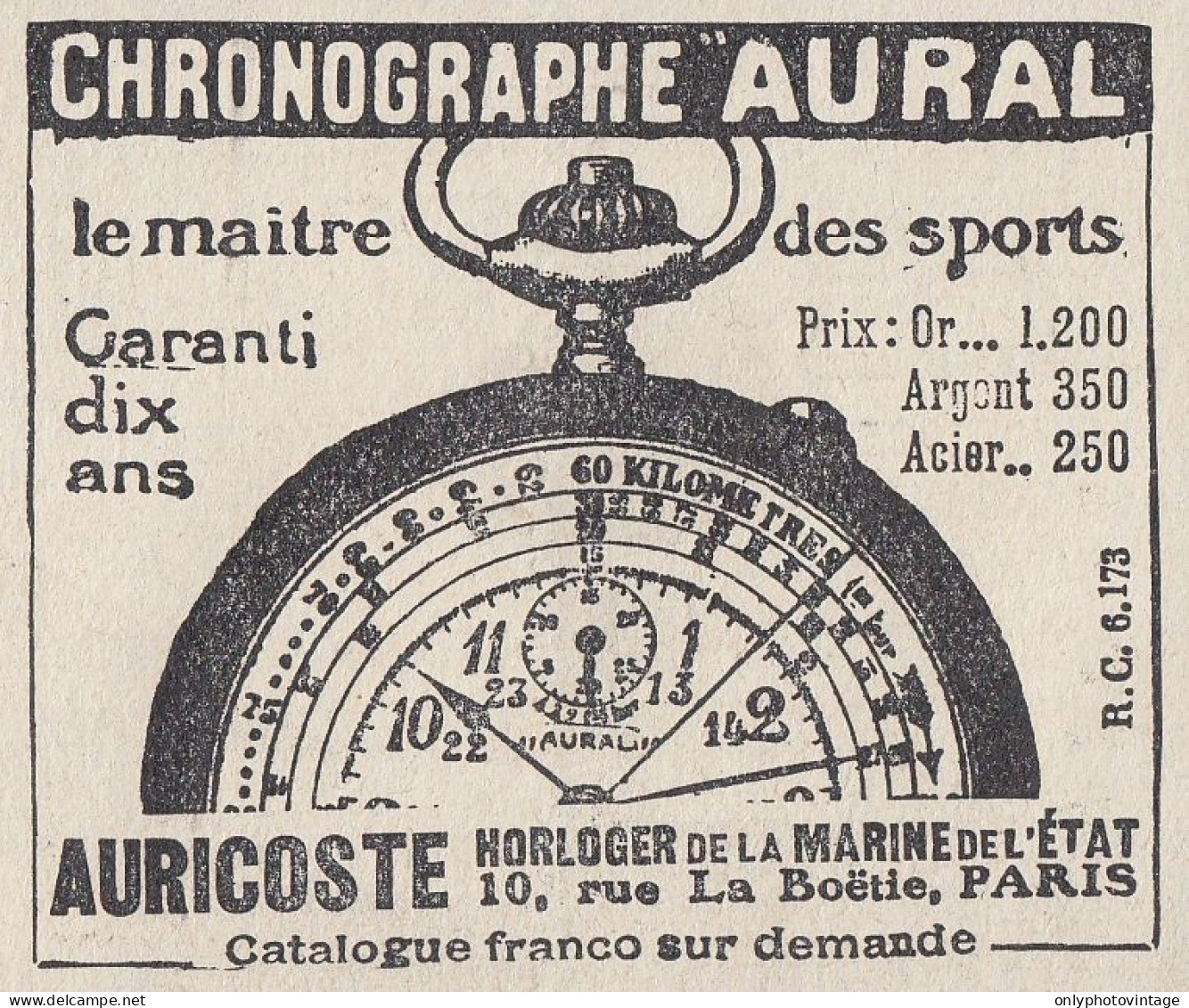 Chronographe AURAL - 1924 Vintage Advertising - Pubblicit� Epoca - Publicités
