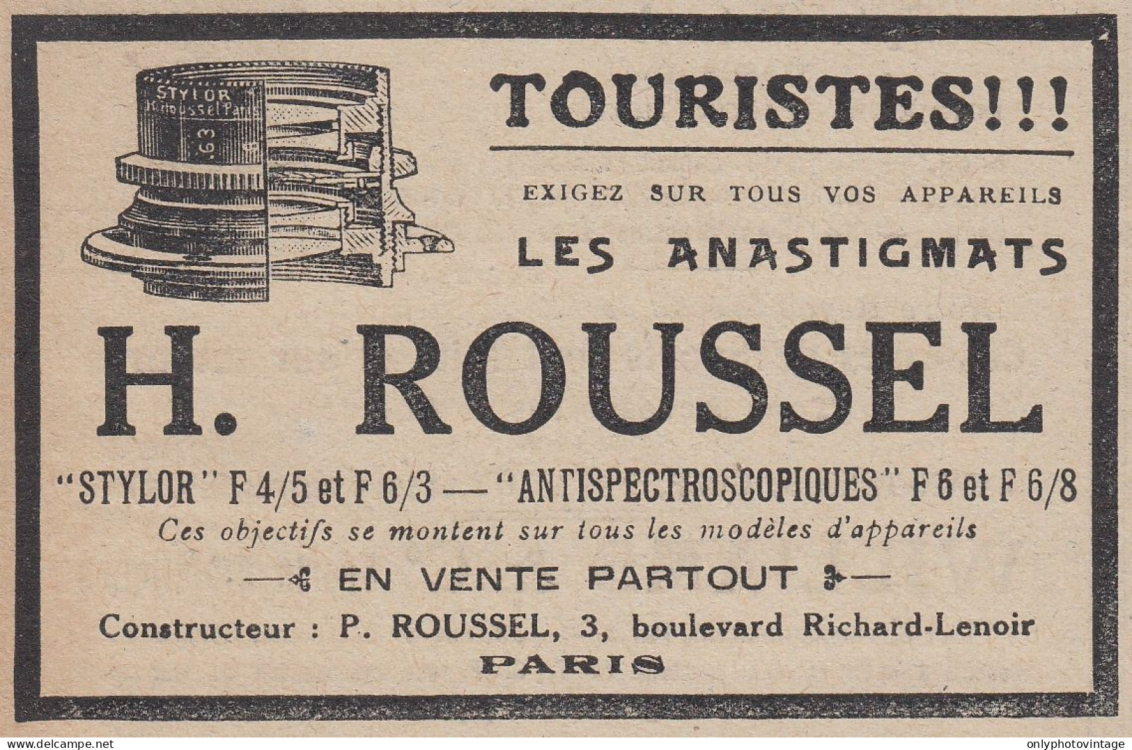 Appareils Photo H. ROUSSEL - 1920 Vintage Advertising - Pubblicit� Epoca - Publicités