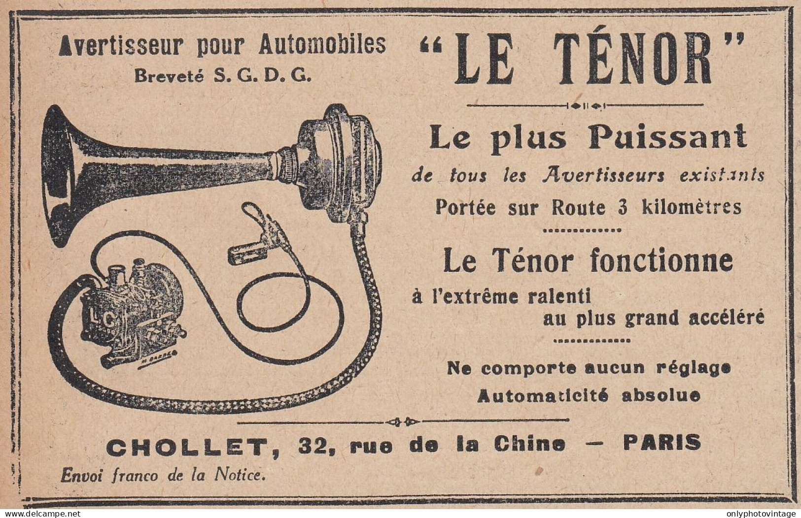 Avertisseur Pour Automobiles LE TENOR - 1920 Vintage Advertising  - Werbung