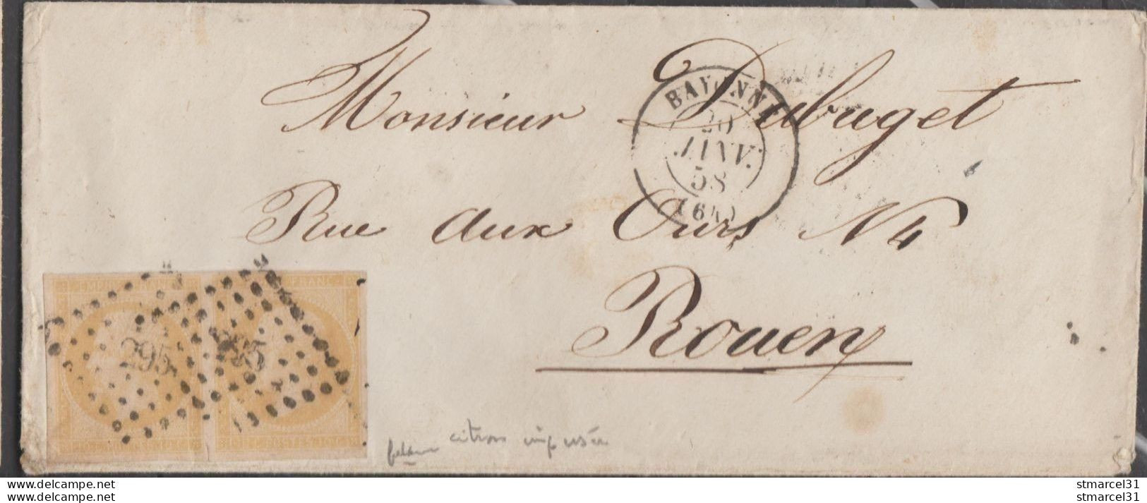 PREMIER SERVI RARE En PAIRE Sur Lettre Le N°13Ab CITRON Impr Usée De 1857 TBE Signé - 1853-1860 Napoléon III