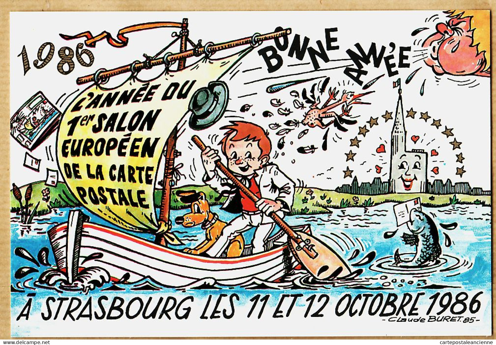 05255 ● ● STRASBOURG Alsace BONNE ANNEE 1986 Carte SPECIMEN Claude BURET 1er SALON EUROPEEN C. POSTALE 11-12 Octobre - Strasbourg