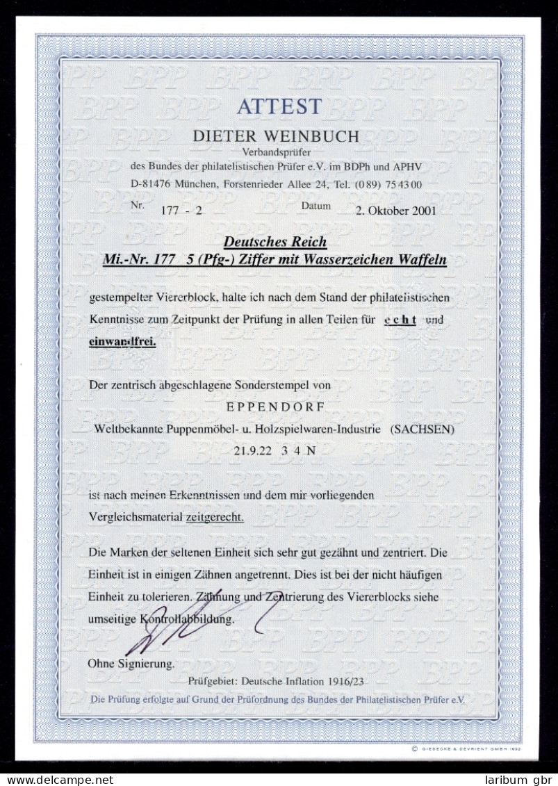 Deutsches Reich 4er Block 177 Gestempelt Fotoattest Weinbuch #HF186 - Autres & Non Classés