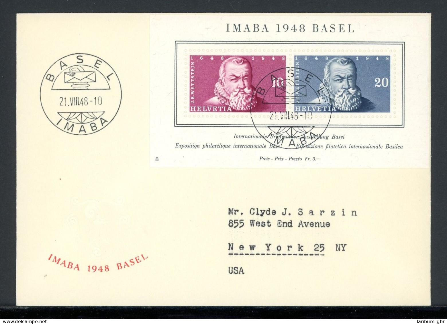 Schweiz Block 13 Imaba 1948 Ersttagesbrief/FDC #HC366 - Sonstige & Ohne Zuordnung