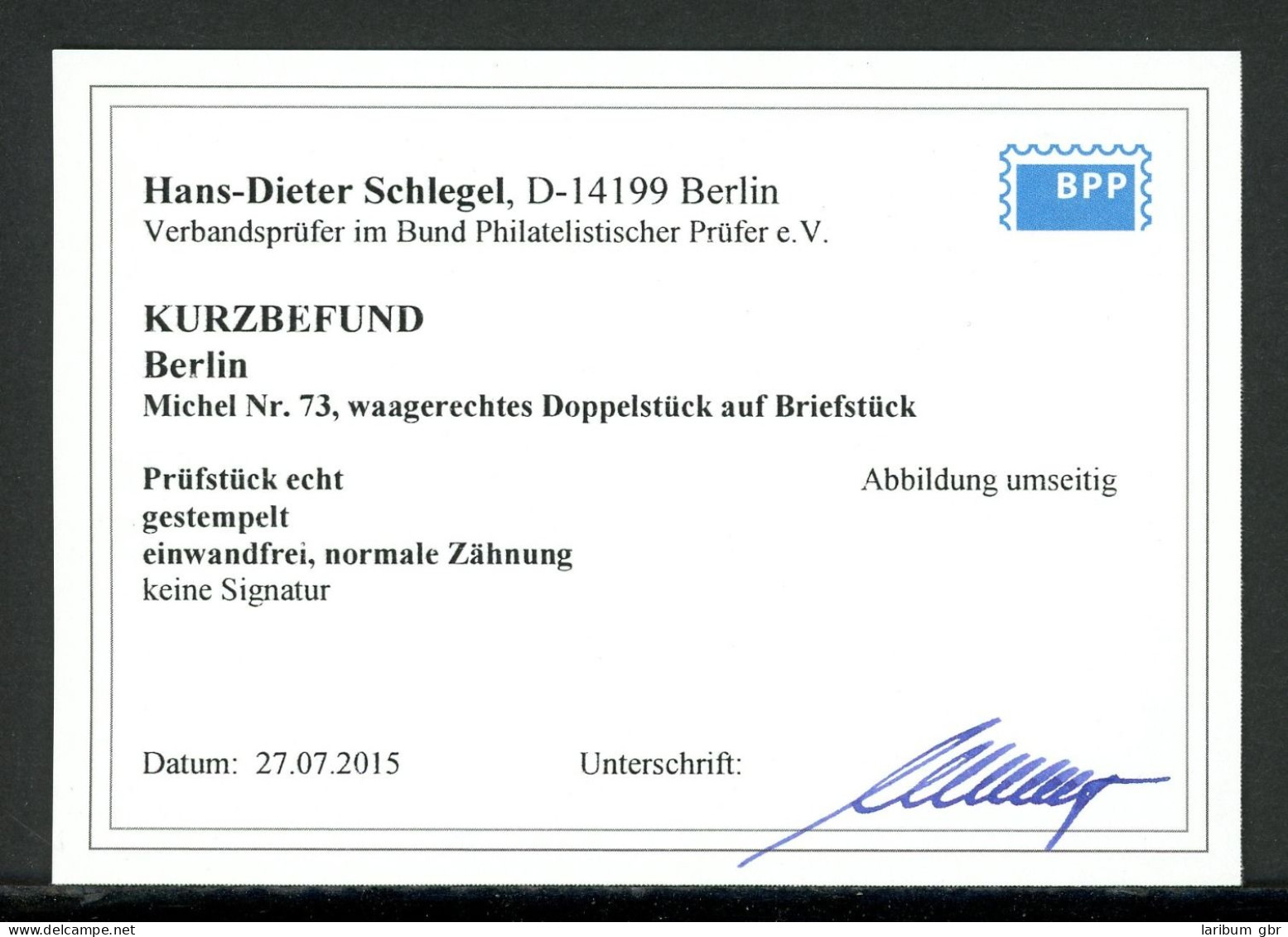 Berlin Waag. Paar 73 Kurzbefund Schlegel Briefstück #JO902 - Other & Unclassified