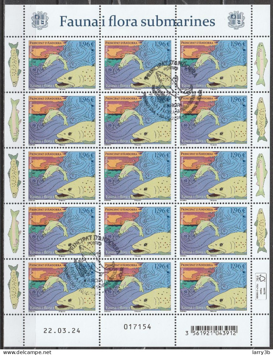 2024 - ANDORRE FRANCAIS - ANDORRA - EUROPA - CEPT - OBL 1er JOUR  "FAUNE SOUS-MARINE - FEUILLET 15 TIMBRES - 2024