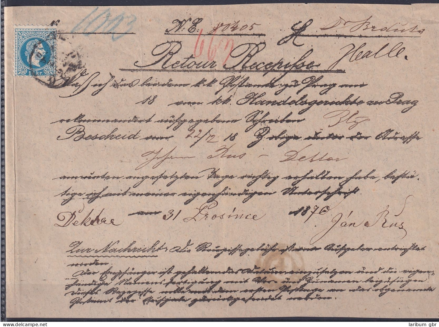Österreich 38 I Retoure-Recepisse, Steindruck, 1870 #NF819 - Other & Unclassified