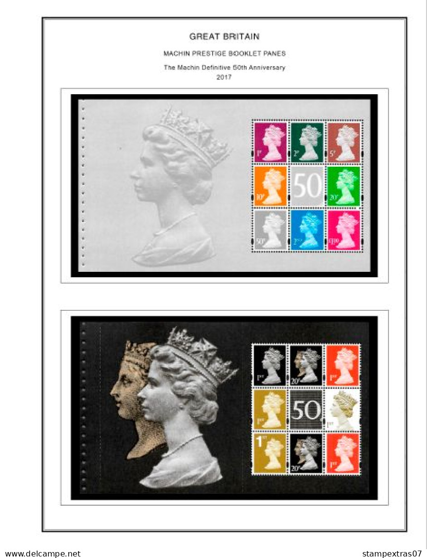 COLOR PRINTED GREAT BRITAIN MACHIN PRESTIGE PANES 1969-2023 STAMP ALBUM PAGES (121 illustrated pages) >> FEUILLES ALBUM