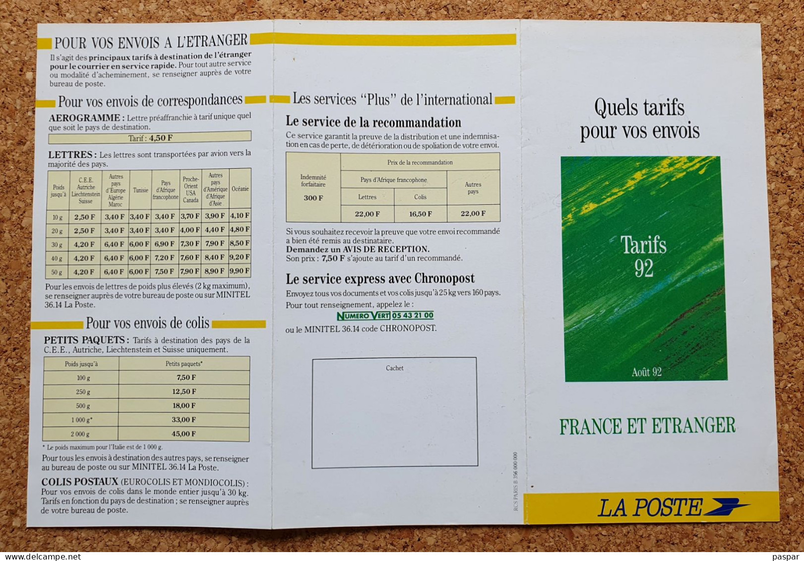 La Poste Tarifs 1992 France Et Etranger - Documents De La Poste