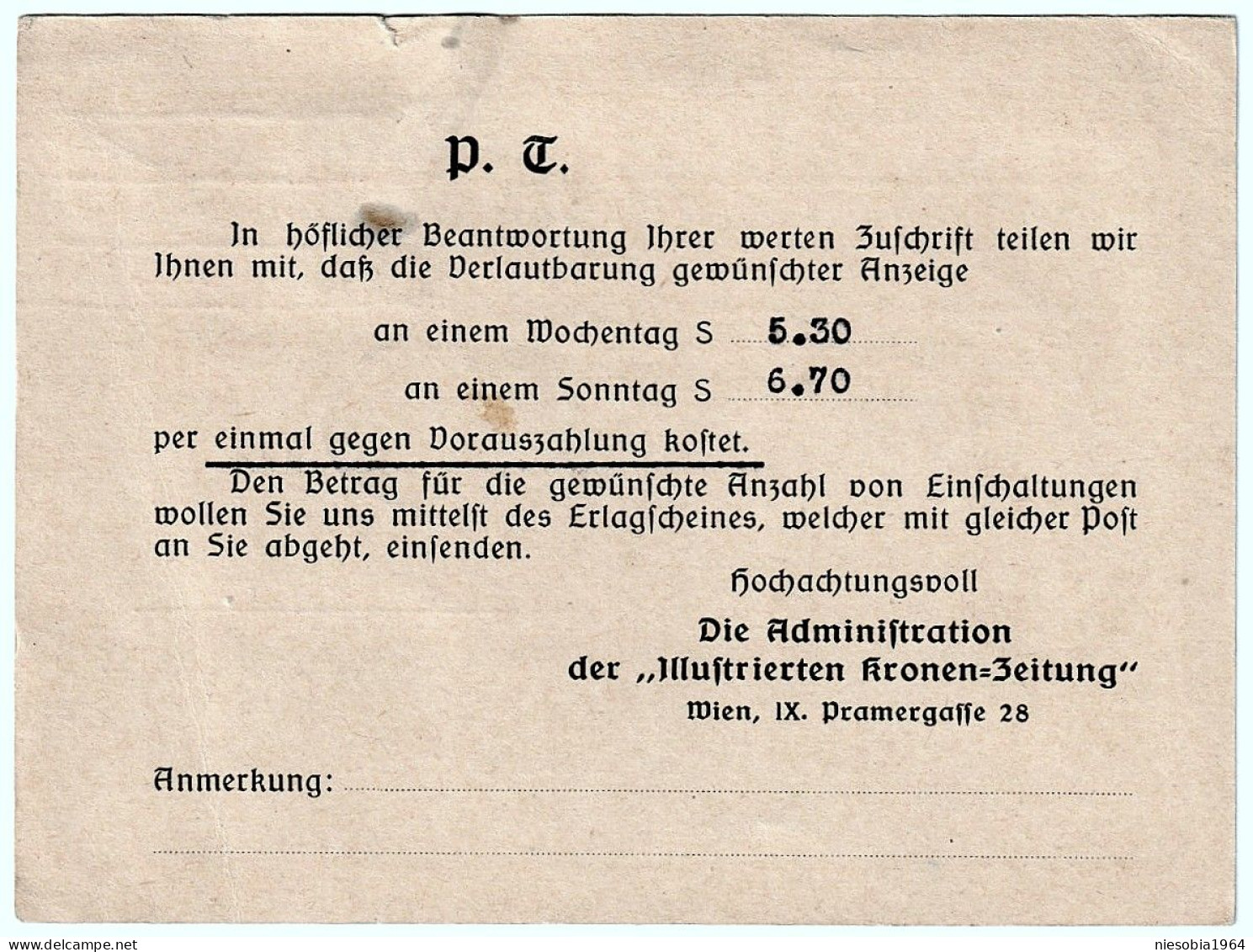 Austria 10 Groschen Postcard + 2 Kronen, Administration Of The "Illustrated Krone Newspaper" Vienna1930 - Brieven En Documenten