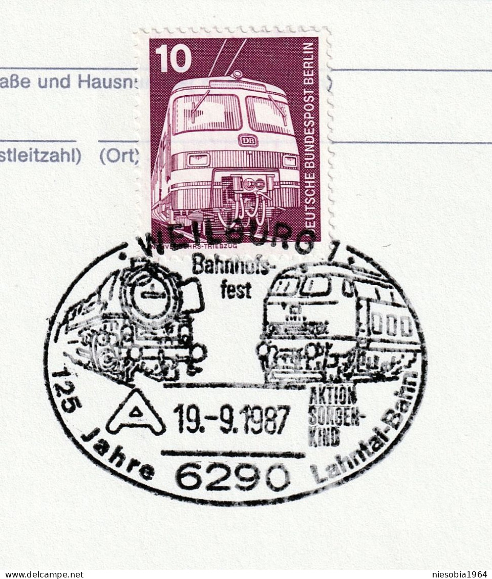 WEILBURG Bahnhofs-fest 19.09.1987 Postcard, Railway Theme, 2 X Occasional Stamps - Postkarten - Gebraucht
