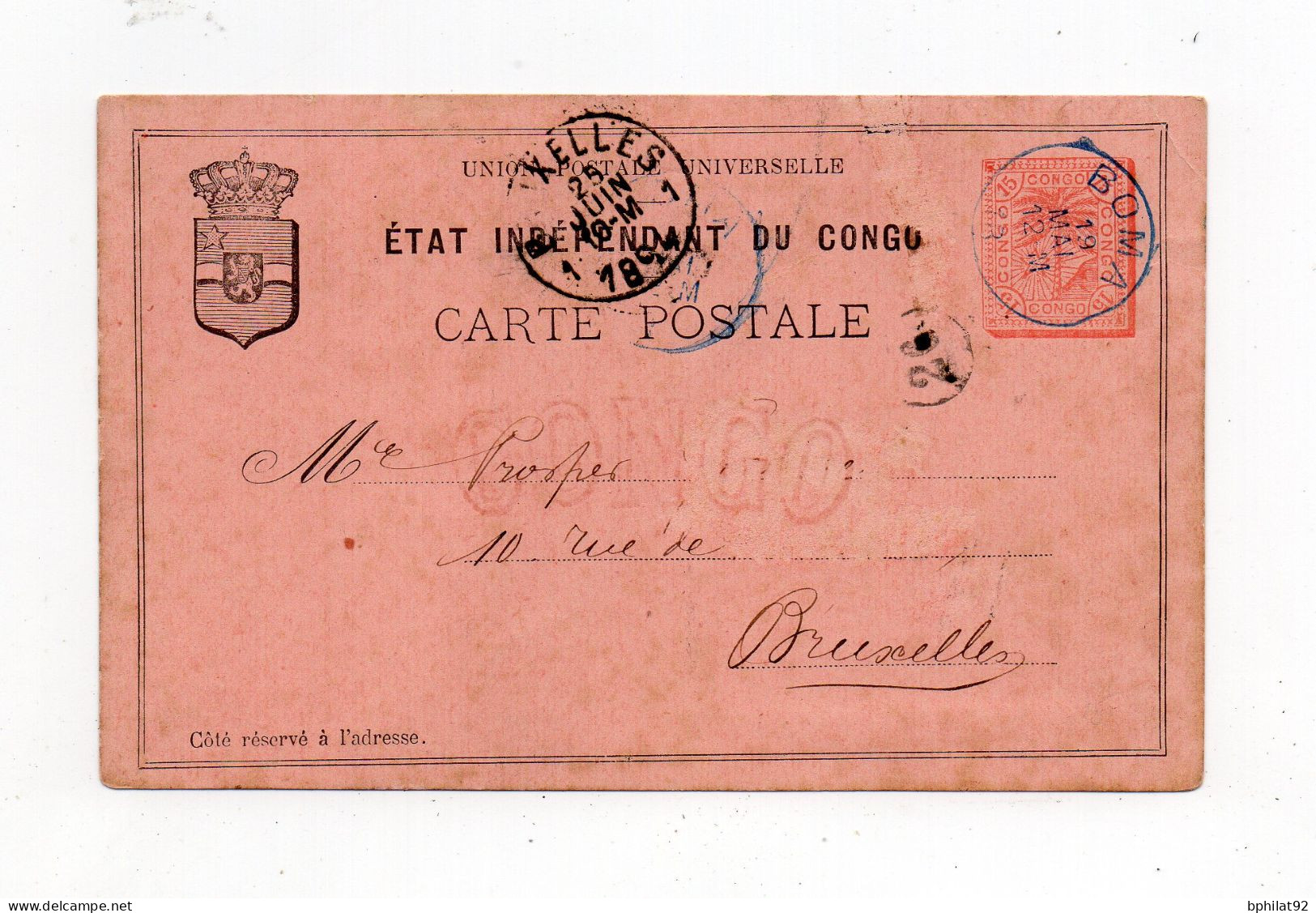 !!! CONGO BELGE, ENTIER POSTAL DE 1894 POUR BRUXELLES, CACHET DE BOMA - Storia Postale