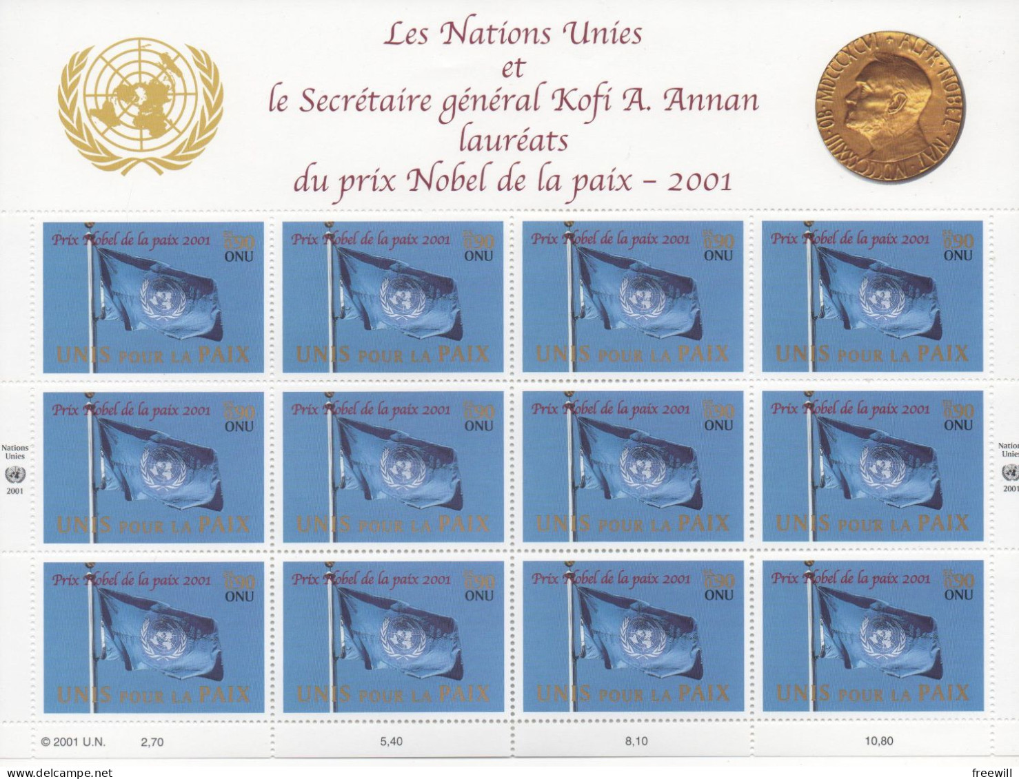 Nations Unies United Nations  ONU Prix Nobel 2001 - Blocks & Kleinbögen