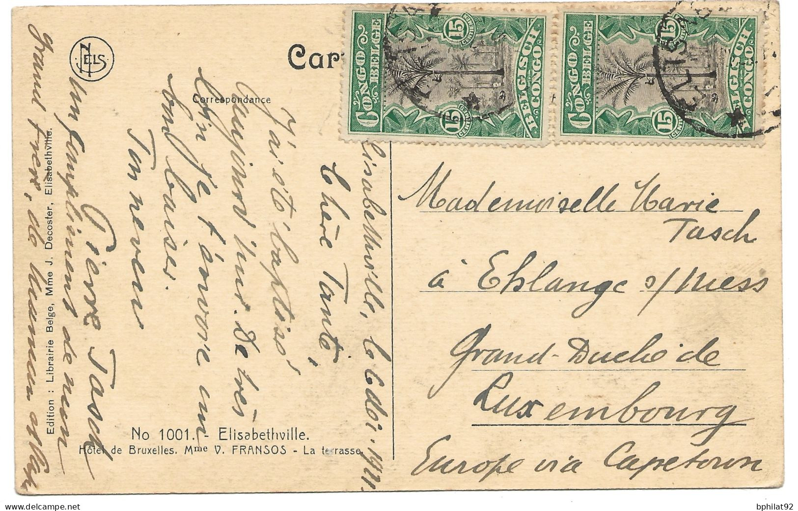 !!! CONGO, CPA DE 1911, AU DÉPART D'ELISABETHVILLE POUR LUXEMBOURG VIA CAPETOWN - Briefe U. Dokumente