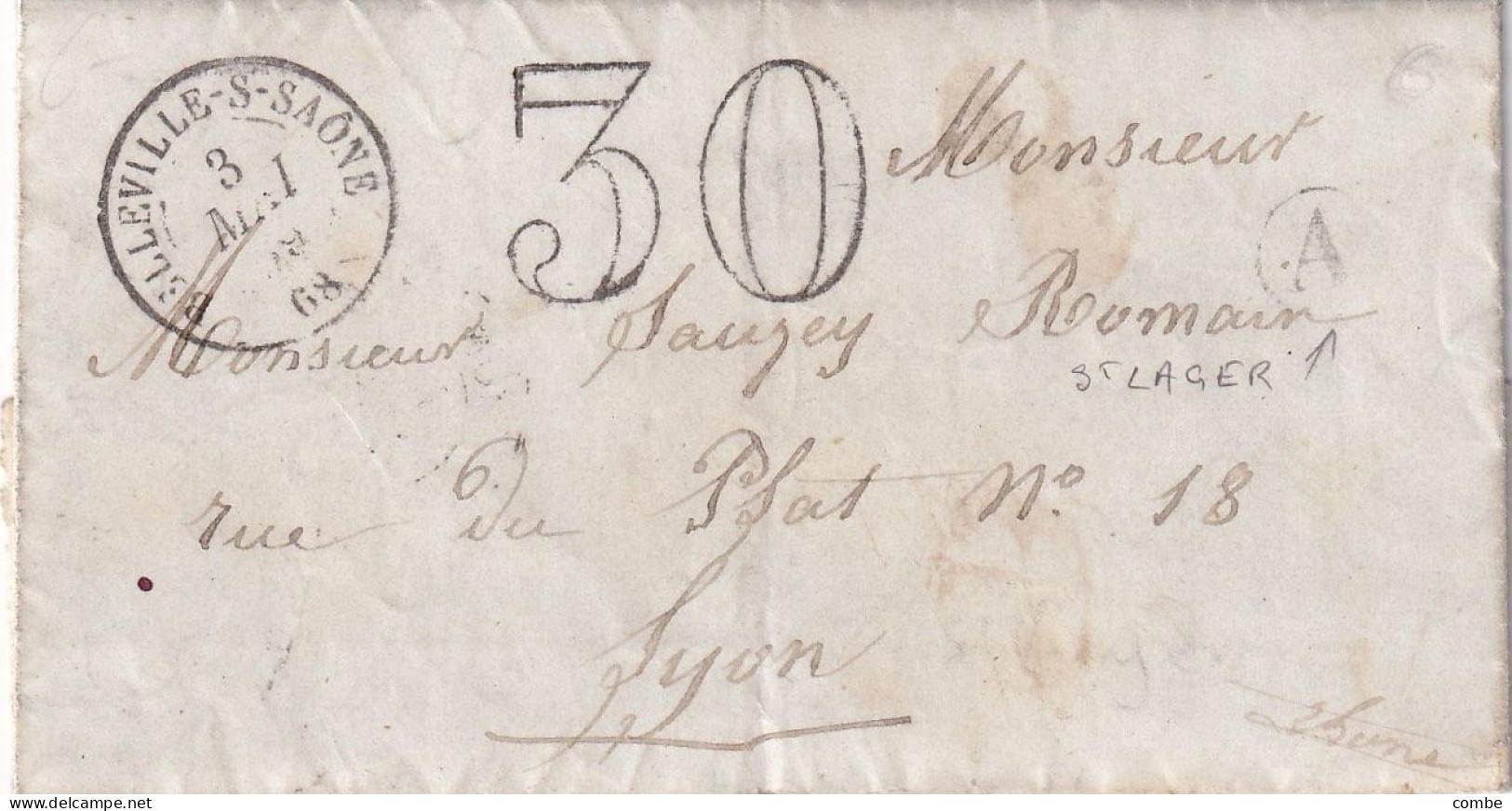 LETTRE. 3  MAI 59. BELLEVILLE S SAONE. RHONE . BOITE RURALE A = St  LAGER. TAXE 300 - 1849-1876: Classic Period