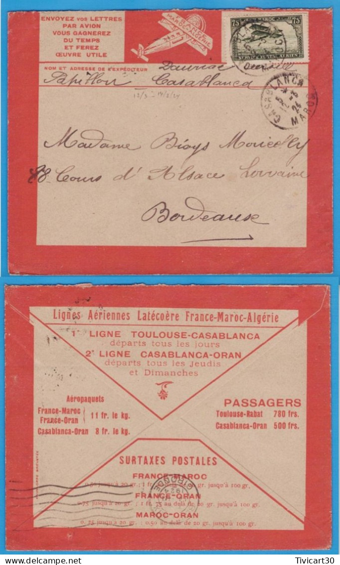 LETTRE PAR AVION DE 1924 - LIGNES AERIENNES LATECOERE FRANCE-MAROC-ALGERIE - CASABLANCA (MAROC) POUR BORDEAUX - Poste Aérienne