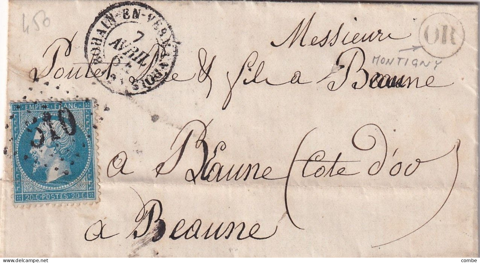 LETTRE. 7 AVR 64. N° 22. BOHAIN EN VERMANDOIS. AISNE. GC 510 . ORIGINE RURALE OR = MONTIGNY - 1849-1876: Periodo Classico