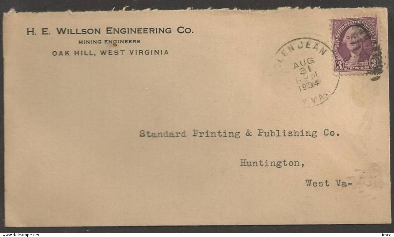 1934 West Virginia - Glenjean, Aug 31 Mining Engineer Corner Card - Brieven En Documenten