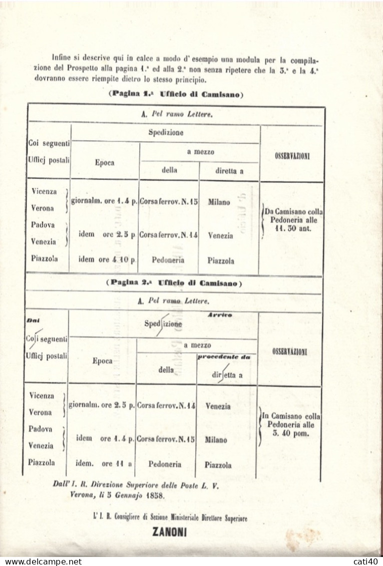 LOMBARDO VENETO - CIRCOLARE ALLE DIREZIONI POSTALI SU SPEDIZIONI DI POSTA LETTERE...- 4 Pag. VERONA 5/1/1858 - Historische Documenten