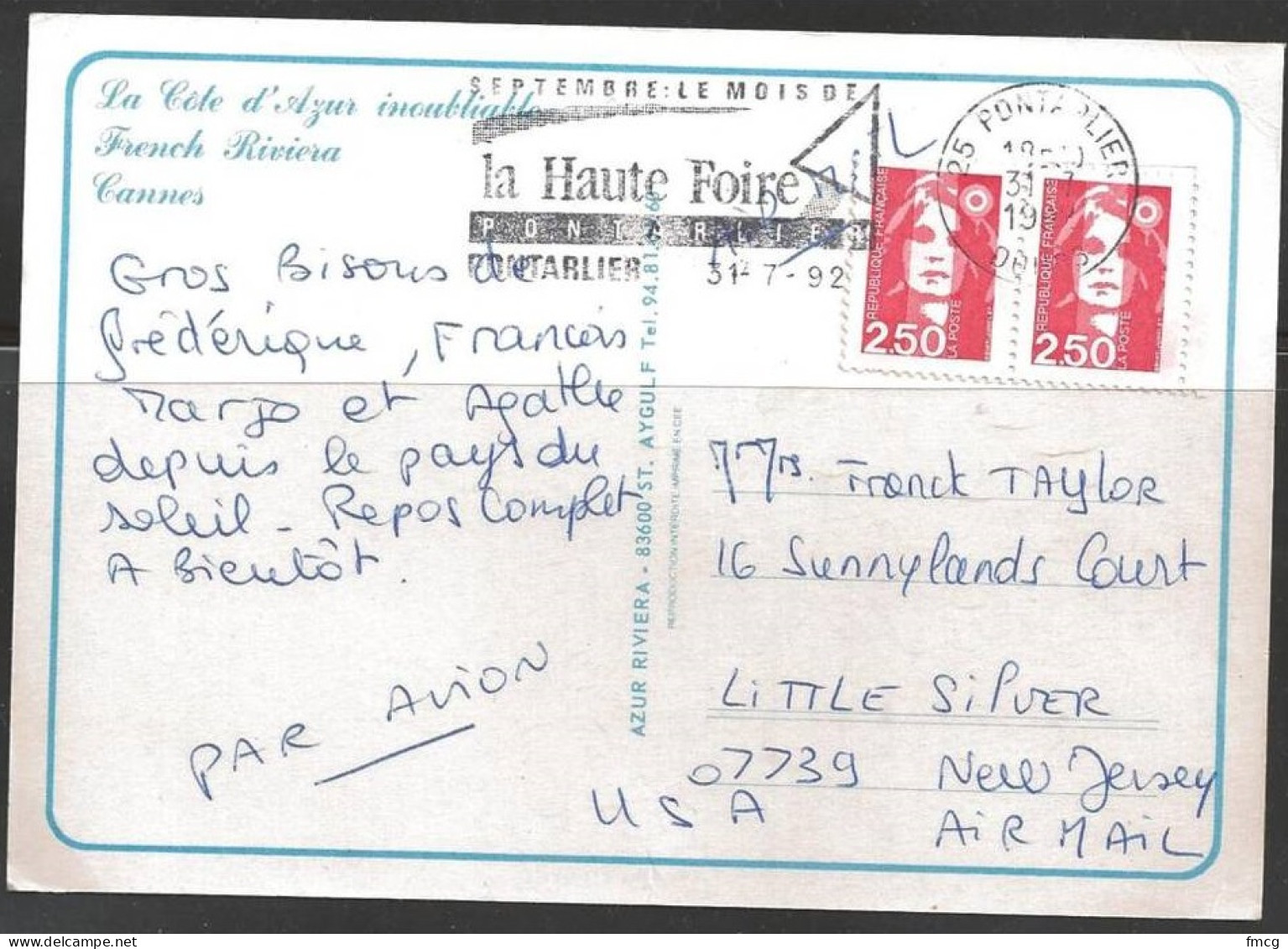 1992 Two 2.50,  Fancy La Haute Foire Pontarlier (31-7-92) On Pc - Brieven En Documenten