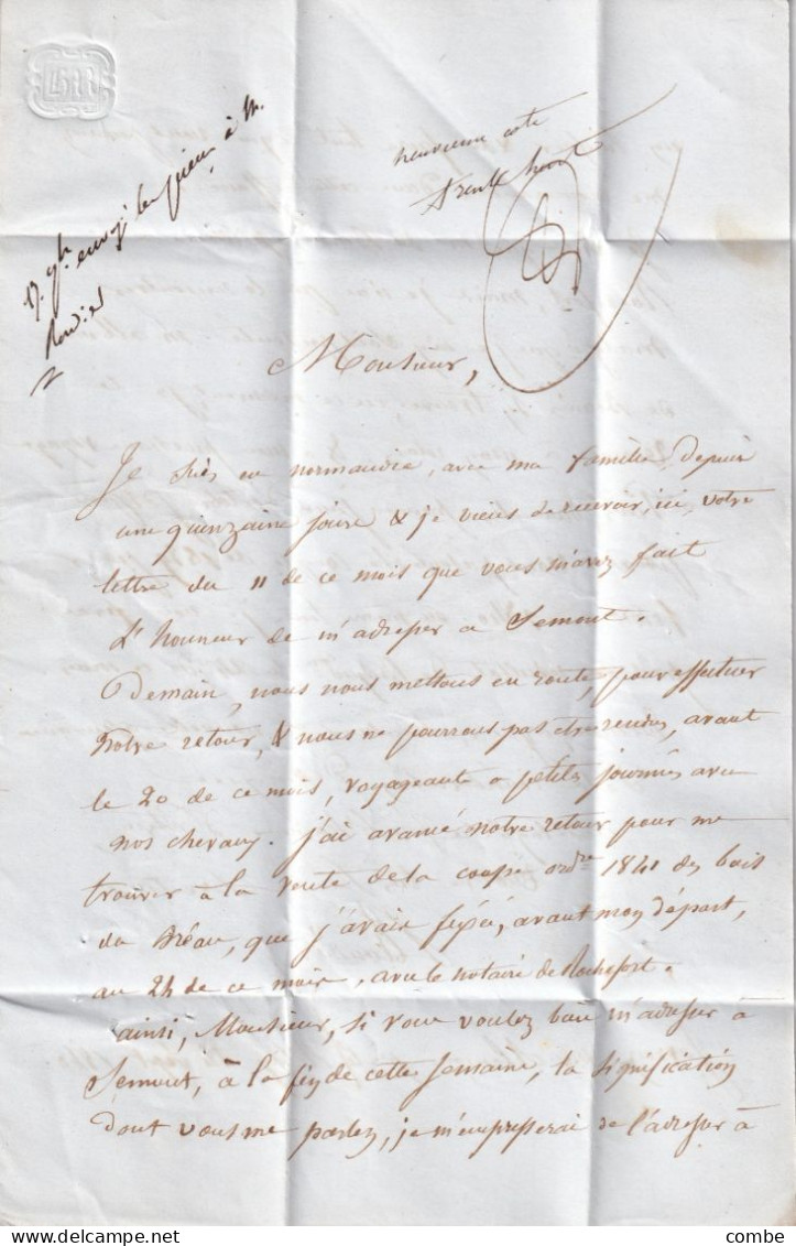 LETTRE. 15 SEPT 40. LE RIBAY. MAYENNE . ORIGINE RURALE OR = JARRON. POUR PARIS. TAXE 5 - 1801-1848: Vorläufer XIX