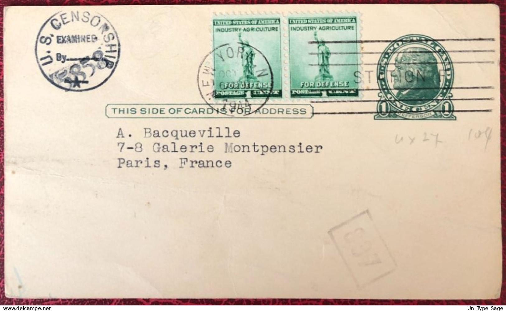 Etats-Unis, Divers Sur Entier-carte, Cachet New-York, N.Y. 5.11.1944 Pour La France + U.S. CENSORSHIP - (C1443) - Postal History