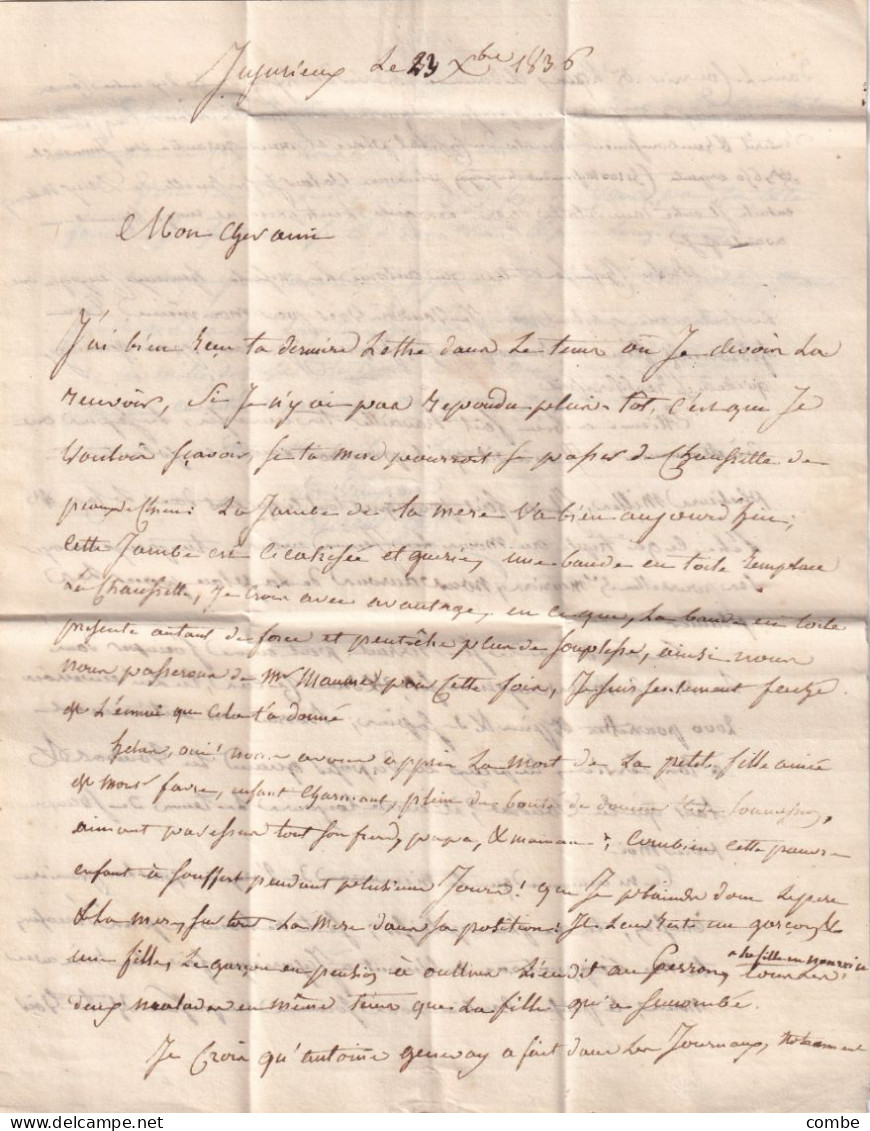 LETTRE. 24 DEC 36. CERDON. AIN. ORIGINE RURALE OR = JUJURIEUX. POUR LYON. TAXE 3 - 1801-1848: Precursors XIX