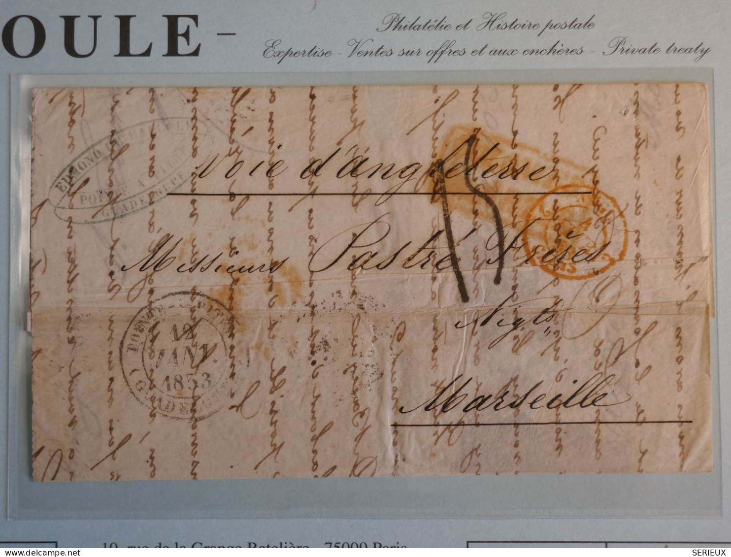 DN0 GUADELOUPE   LETTRE RR 1853 VOIE ANGLAISE  POINTE A PITRE A MARSEILLE  FRANCE + BOULE + AFF. INTERESSANT+++ - 1849-1876: Klassik