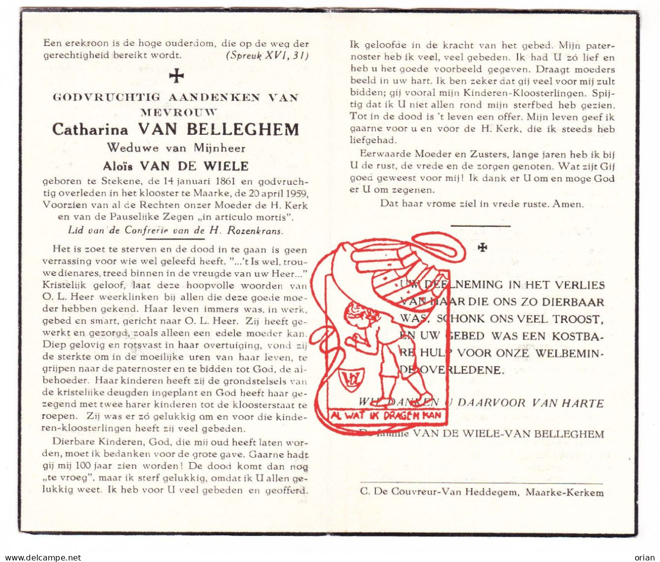 DP Catharina Van Belleghem ° Stekene 1861 † Klooster Maarke Maarkedal 1959 X Aloïs Van De Wiele Vandewiele - Devotion Images