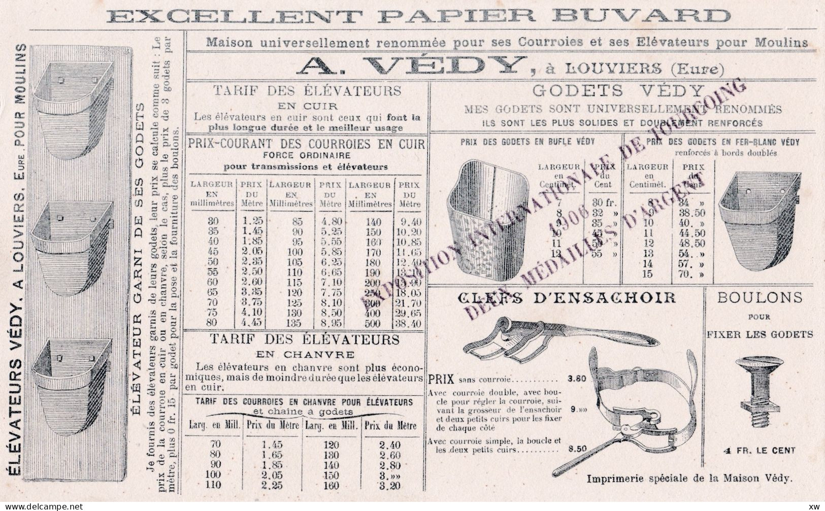 LOUVIERS -27- Buvard Ancien TARIF DES ACCESSOIRES VEDY POUR MOULINS - Après 1906 - 16-05-24 - Andere & Zonder Classificatie