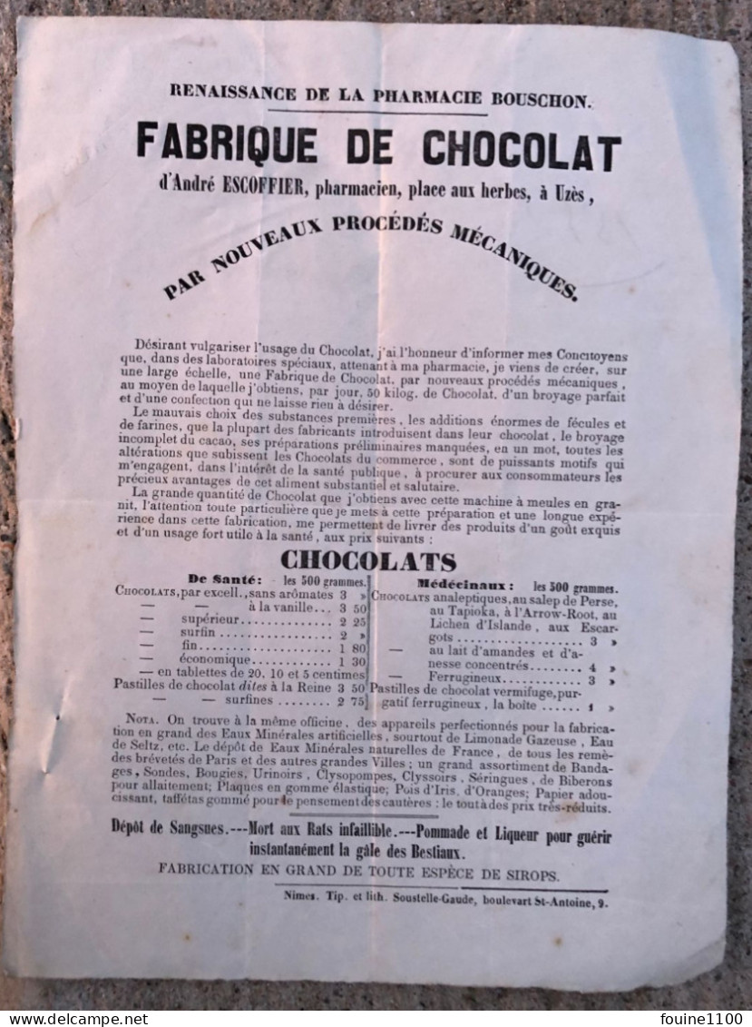 PUBLICITE Année 1852 Fabrique De Chocolat ANDRE ESCOFFIER Pharmacien Place Aux Herbes à UZES 30 GARD - 1800 – 1899