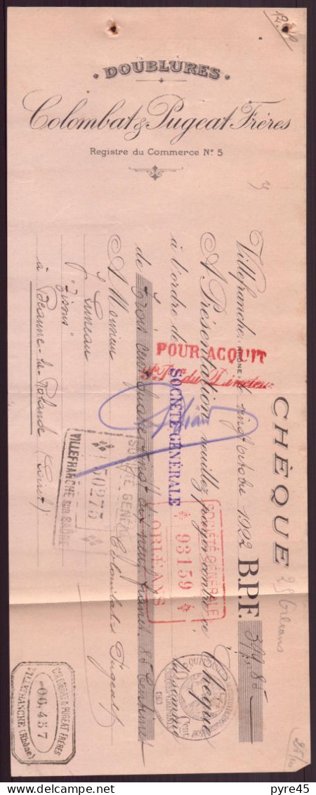 CHEQUE DU 20 / 10 / 1922 DOUBLURES COLOMBAT & PUGEAT FRERES VILLEFRANCHE SUR SAONE - Schecks  Und Reiseschecks