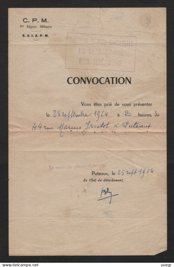 Militaria - Convocation URGENTE - C.P.M. 1re Région Militaire - E.S.I.A.P.M - à Puteaux Le 28 Septembre 1964 - Documents Historiques