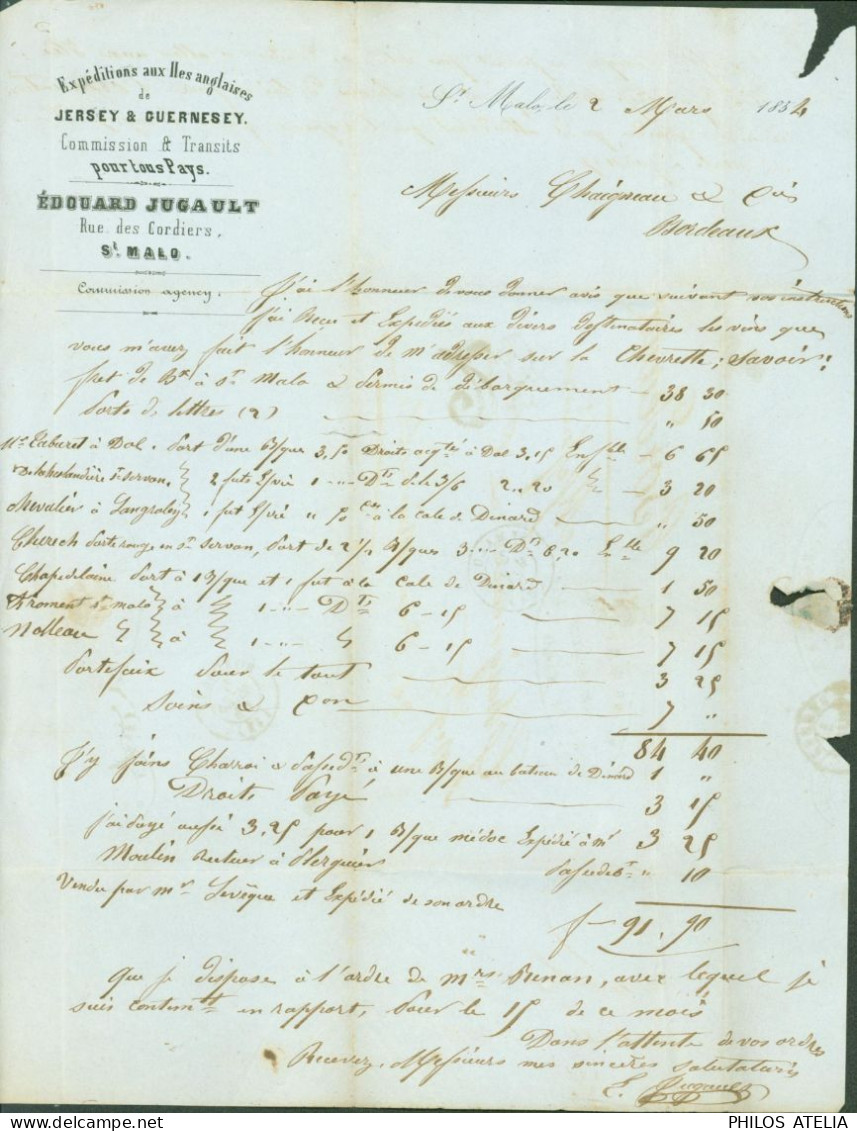 Expéditions Iles Anglaises Jersey & Guernesey Edouard Jugault St Malo CAD St Malo 2 MARS 1854 Taxe Tampon 25 - 1801-1848: Voorlopers XIX