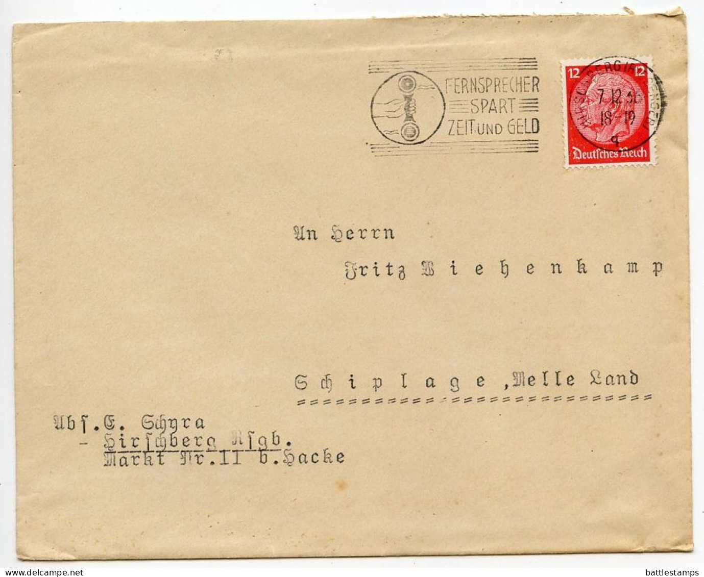 Germany 1936 Cover & Letter; Hirschberg (Riesengeb) To Schiplage; 12pf. Hindenburg; Telephone Slogan Cancel - Lettres & Documents