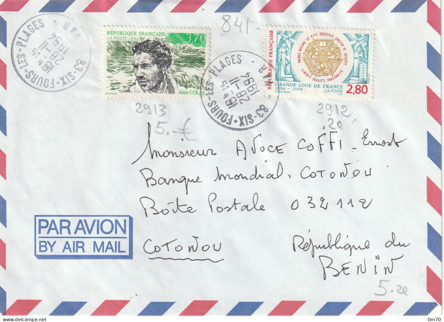 CAD 83  SIX FOURS LES PLAGES   / N° 2912    + N° 2913       POUR  COTONOU  REPUBLIQUE  DU  BENIN - Manual Postmarks