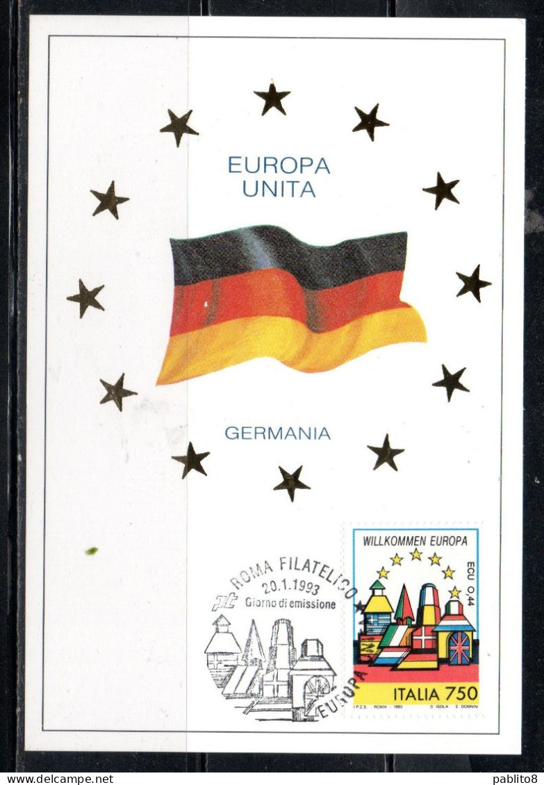 ITALIA REPUBBLICA ITALY REPUBLIC 1993 BENVENUTA EUROPA UNITA GERMANIA LIRE 750 CEPT MAXI MAXIMUM CARD CARTOLINA CARTE - Cartes-Maximum (CM)